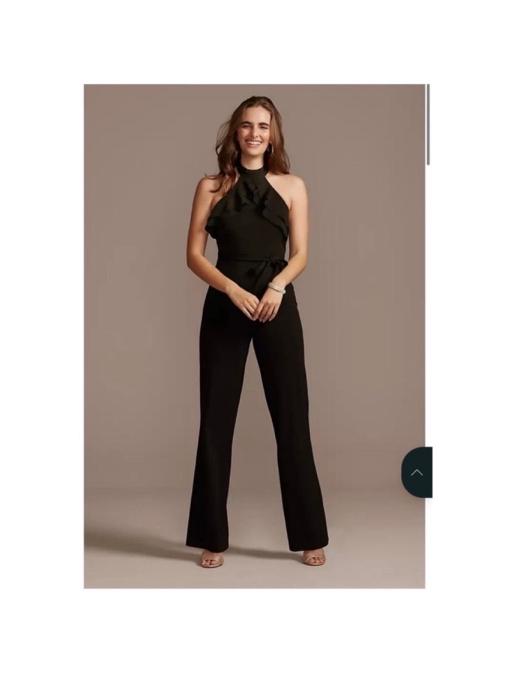 Bebe High neck double ruffle halter jumpsuit with sash